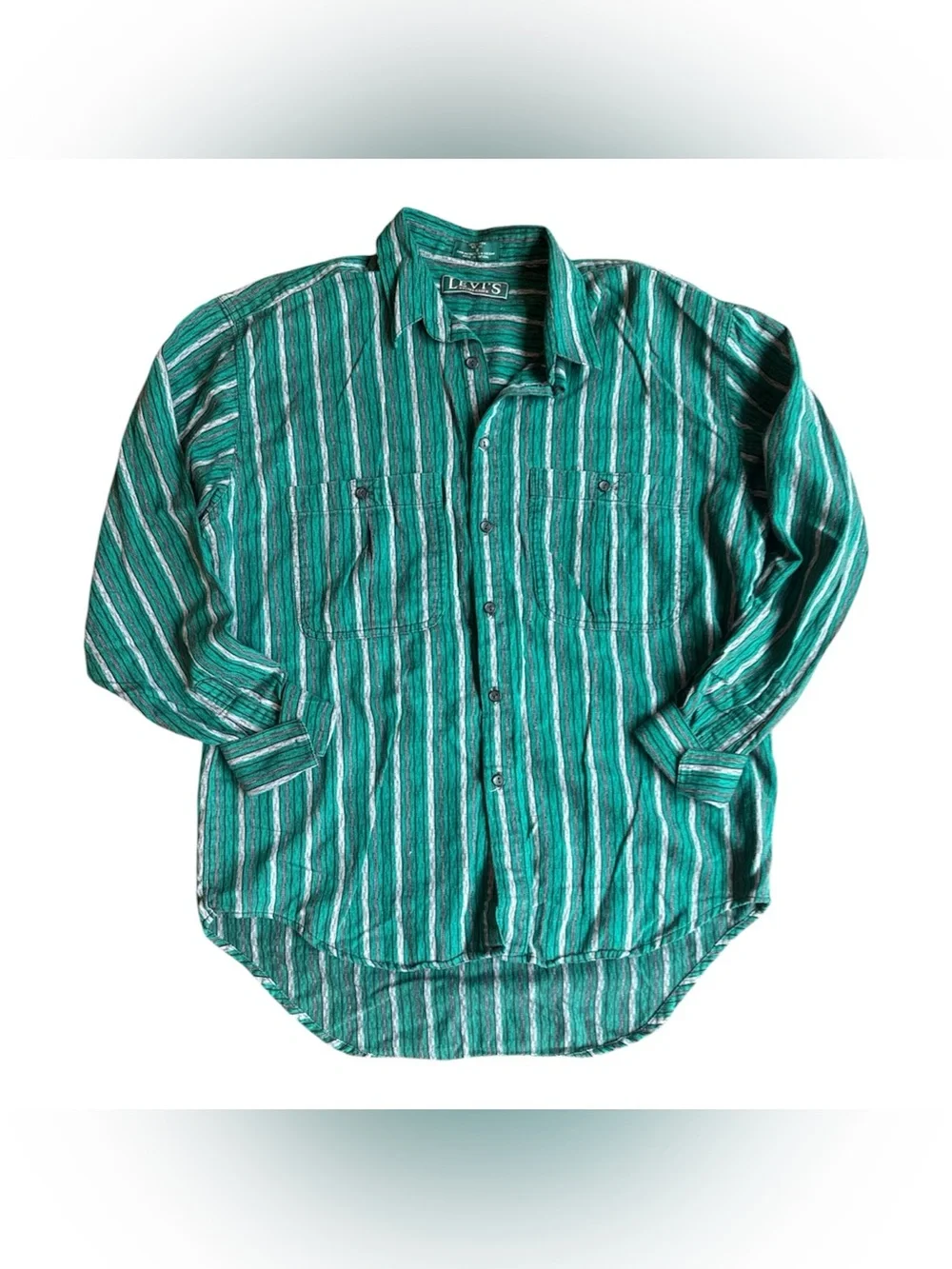 Vintage Levi’s Stripped Button Up Shirt Mens Medium 100% Cotton Green Western